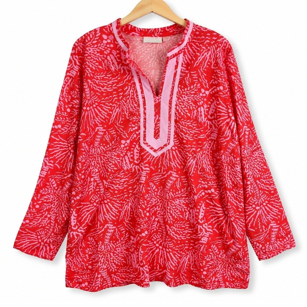 Bellisima Kim Gravel Womens XL Paradise Pink Cabana Knit Palm Trim Tunic A688390